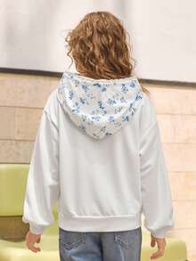 1 pieza Sudadera holgada y cómoda con capucha para niñas, con estampado floral de margaritas blanco y azul, diseño versátil para uso casual, al aire libre, viajes, fiestas, escuela, transporte, adecuada para primavera, otoño e invierno