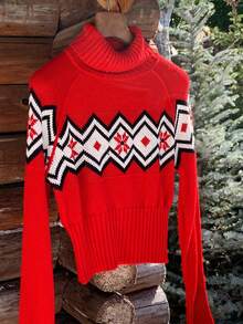 Comfortcana Women's Red Geometric Pattern Turtleneck Raglan Sleeve Casual Sweater, Autumn/Winter Christmas Sweater - Red - View 3