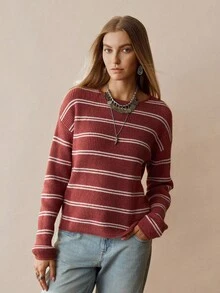 Florisole 女式休闲双条纹套头毛衣，秋冬 - 紅白色 - 查看 4
