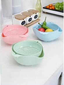 SHEIN A Double-Layer Fruit And Vegetable Washing Basin For Household Kitchen, A Rotatable Filter Basket For Washing Vegetables, A Draining Basket For Draining Water Without Dropping, And A Household Fruit Plate For Living Room - Multicolor - View 8