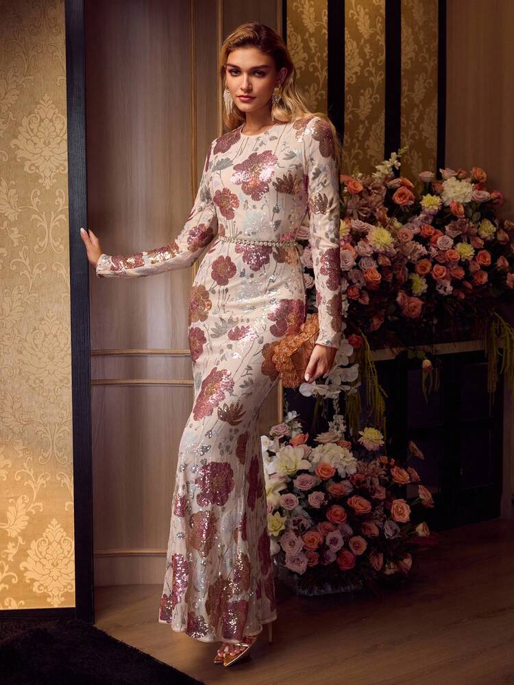 MOTF Soiréza WOMEN'S SEQUIN EMBROIDERED ELEGANT LONG PROM DRESS