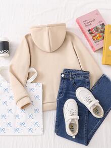 Tween Girls Cute Sweet Floral Bow Print Double Layer Zipper Pocket Loose Jacket, Casual & Versatile, Autumn/Winter - Apricot - View 2