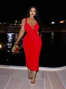 Veslaya Red Summer Elegant Satin Party Midi Dress,Bohemian Backless Bowknot Decor Bodycon Maxi Dress,Vintage Open Back Cocktail Outing Holiday Club Dress - Red - View 4