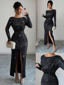 Rafferiza Women Elegant Black Shiny Party Dress For Autumn Dining, Round Neck Shoulder Ruffles Front Center Pleats Hem Slit Long Hot Silver Fabric Gown - Black - View 1