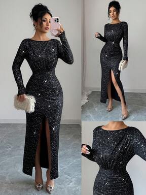 Rafferiza Elegancka, seksowna, modna, efektowna, imprezowa sukienka maxi w kolorze czarnym z okrągłym dekoltem, marszczeniami na ramionach i rozcięciem u dołu, z metaliczną folią