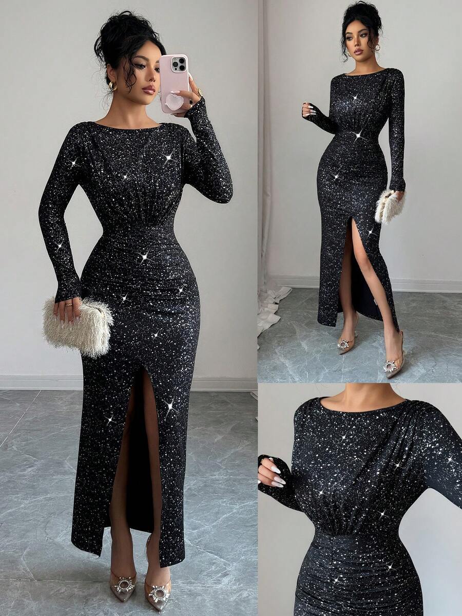 Rafferiza Women Elegant Black Shiny Party Dress For Autumn Dining, Round Neck Shoulder Ruffles Front Center Pleats Hem Slit Long Hot Silver Fabric Gown - Black - View 1