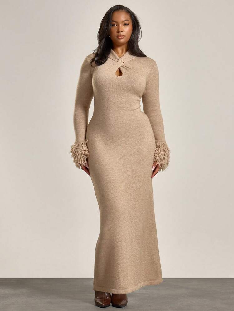 MUSERA Plus Size Woven Stretch Knit Sleeve Fringe Twist Key Hole Detail Fitted Maxi Dress Fall, Autumn, Winter, Cool Girl, Cosy, Everyday New Year | SHEIN USA