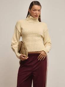MUSERA Chunky Knit Roll Neck Cinched Sweater Elegant Winter Work Cute Evening - Cream - View 1