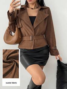 Aidyla Elegancka, modna krótka kurtka damska z długim rękawem i klapami ze sztucznego zamszu z paskiem