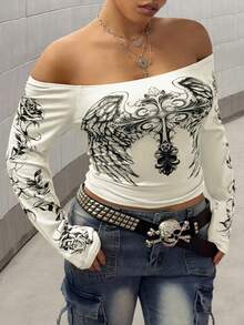 Maweii 大码女式性感单肩印花长袖上衣，夏季度假休闲衬衫 - 米色 - 查看 5