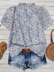 Hourglow 大码女式度假碎花V领短款泡泡袖休闲衬衫 - 卡其色 - 查看 2