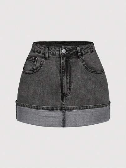 SHEIN MOD 女式纯色休闲牛仔裙，卷边设计