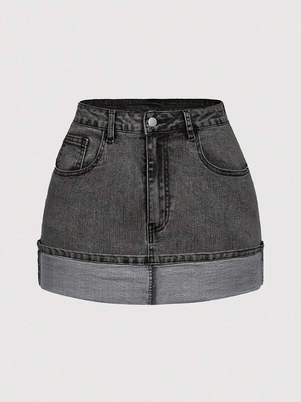 SHEIN MOD Women's Solid Color Casual Denim Skirt With Folded Hem Design