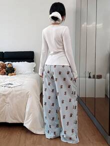 SHEIN Dream Adore 可爱小熊条纹印花方领装饰纽扣上衣和阔腿裤女士睡衣套装 2 件套睡衣 女士条纹睡裤 小熊印花睡衣，秋冬服装 - 藍色 - 查看 2