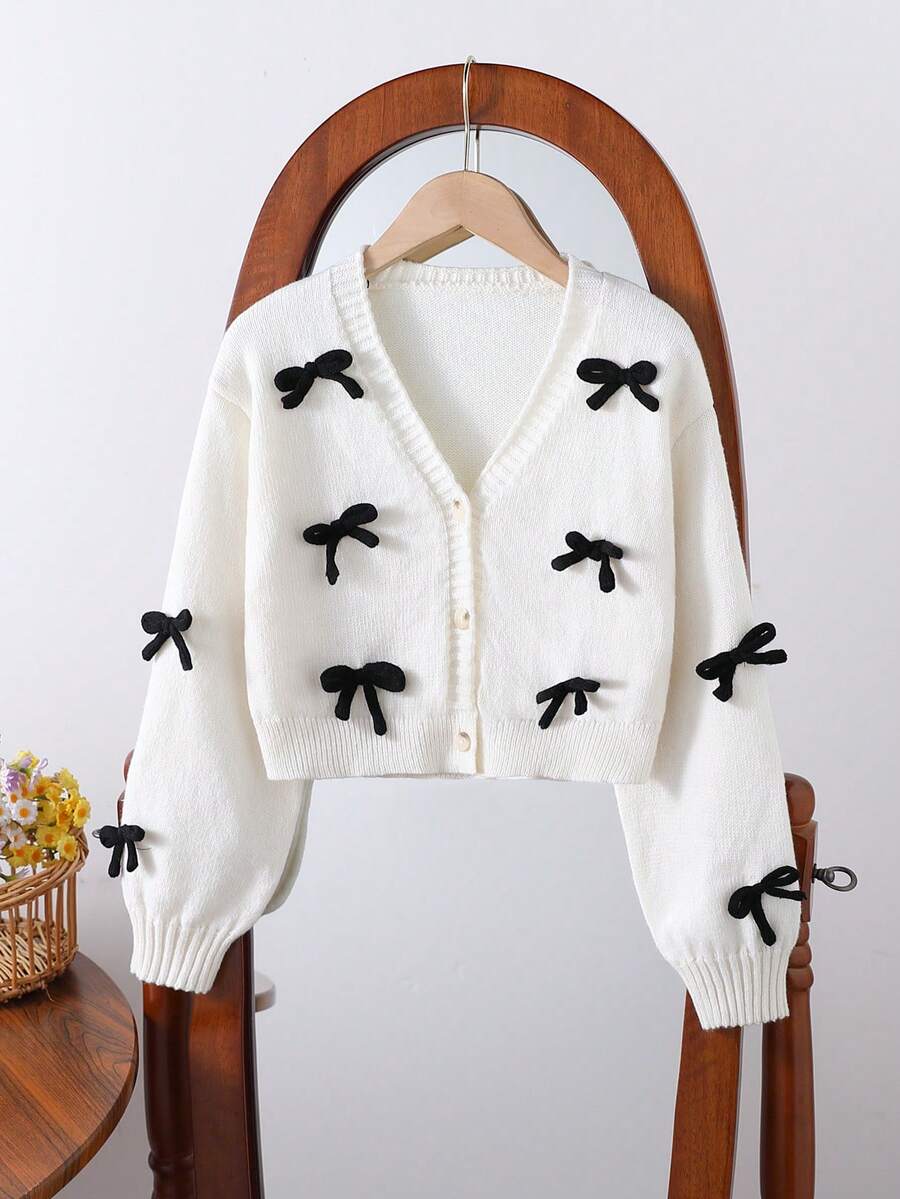 SHEIN Elladie kids Tween Girl' 休闲时尚可爱柔软简约优雅 3D 蝴蝶结长袖短款开衫毛衣,适合居家、日常穿着、上学、外出、派对、秋冬 - 白色 - 查看 1
