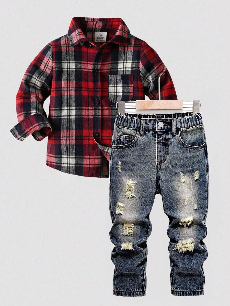 SHEIN 2024 新款年轻男孩休闲百搭个性街头酷炫破洞松紧腰修身水洗黑灰色牛仔裤，适合日常穿着