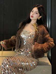 DAZY 女式纯色长袖单排扣仿皮草夹克，秋冬 - 鏽棕色 - 查看 6