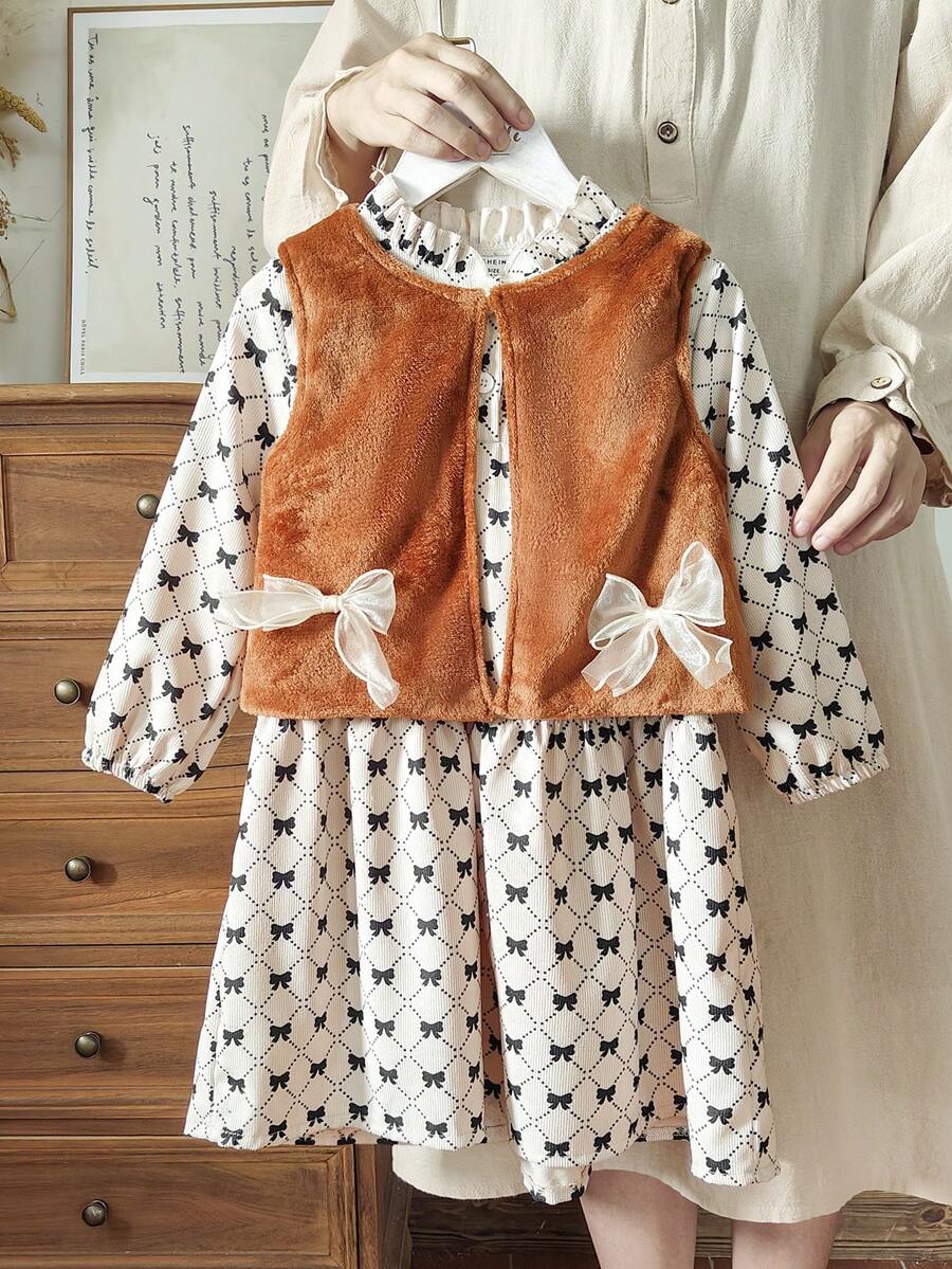 SHEIN 2pcs/Set Young Girl Furry Sleeveless Bow Vest And Digital Print Bow Long Sleeve Short Dress Outfit - Multicolor - View 1
