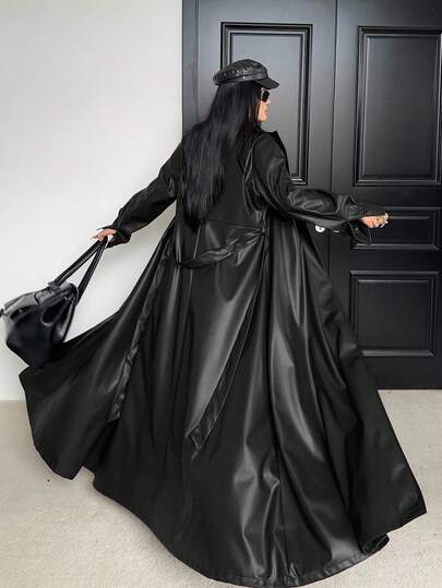 Sunspun Plus Size Stand Collar Belt Tied Pockets Long Sleeve PU Trench Coat Fall Winter Cloth For Women Autumn