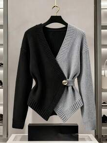 Franclia 新款优雅高端设计撞色拼布针织女式开衫，秋冬 - 彩色 - 查看 1