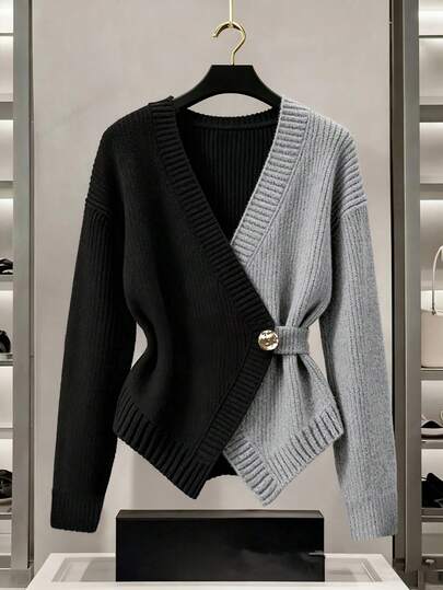 Franclia 新款优雅高端设计撞色拼布针织女式开衫，秋冬