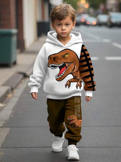 Bộ 2 áo hoodie họa tiết hoạt hình 3D, phong cảnh, khủng long, phong cách Graffiti cỡ lớn, thoải mái cho bé trai vào mùa thu/đông