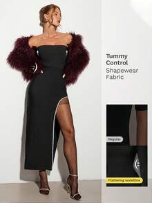 女士奢华钻石迷人绷带露背开衩紧身中长连衣裙 - 黑色 - 查看 3