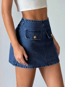 Siren Gaze Damen Hoher Bund Faux Tasche Design Gerade Jeans Rock - Mittele Waschung - Übersicht 3