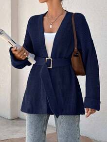 EURMUSE Women Oversize Asymmetric Shaped With Belt Detailed Rib Knitted Cardigan - Navy Blue - View 7