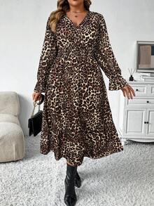 Elenzga 大码女式秋冬时尚休闲 V 领碎花长款束腰连衣裙，修身廓形长款女装 - 彩色 - 查看 3