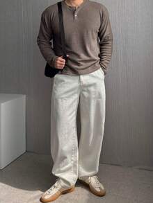 DAZY Áo thun nam cổ tròn, màu trơn, có khóa kéo nửa, màu xám đậm, mùa thu - Màu xám chì - Xem 5