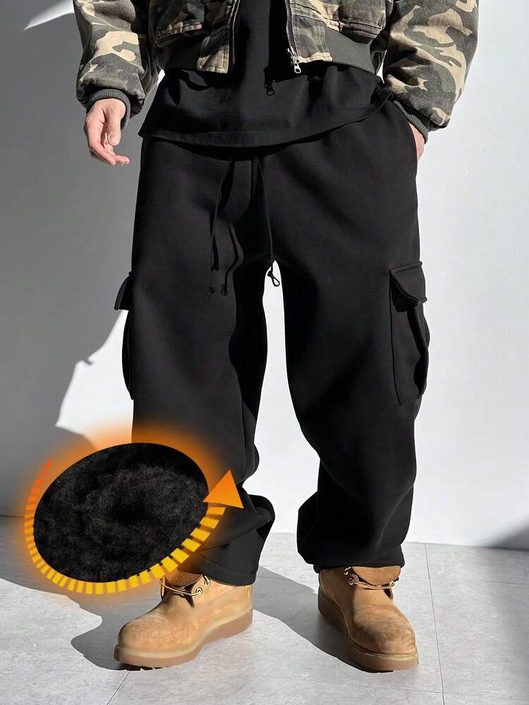 Men's Solid Color Fleece Fabric Elastic Waist Sweatpants, Autumn/Winter