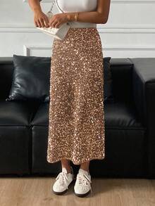 Livesso 时尚亮片开衩女裙，新年嘉年华 - 卡其色 - 查看 3