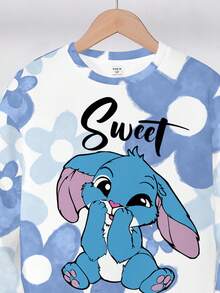 SHEIN Leap Crew Bộ 2 món/Bộ đồ liền thân dài tay cổ tròn in họa tiết thỏ và hoa cho bé gái tuổi teen, dáng rộng thoải mái, phù hợp cho mùa thu/đông, thoải mái khi mặc đi chơi, đi học, thể thao, ngoài trời, dạo phố - Nhiều màu - Xem 4