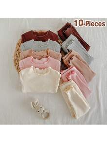 Loomiva 10 件套女婴纯色针织柔软圆领长袖套头衫和松紧腰长裤套装