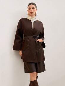 Modelyn 优雅落肩仿皮拼接长袖外套，时尚高品质，秋冬款 - 巧克力棕 - 查看 8