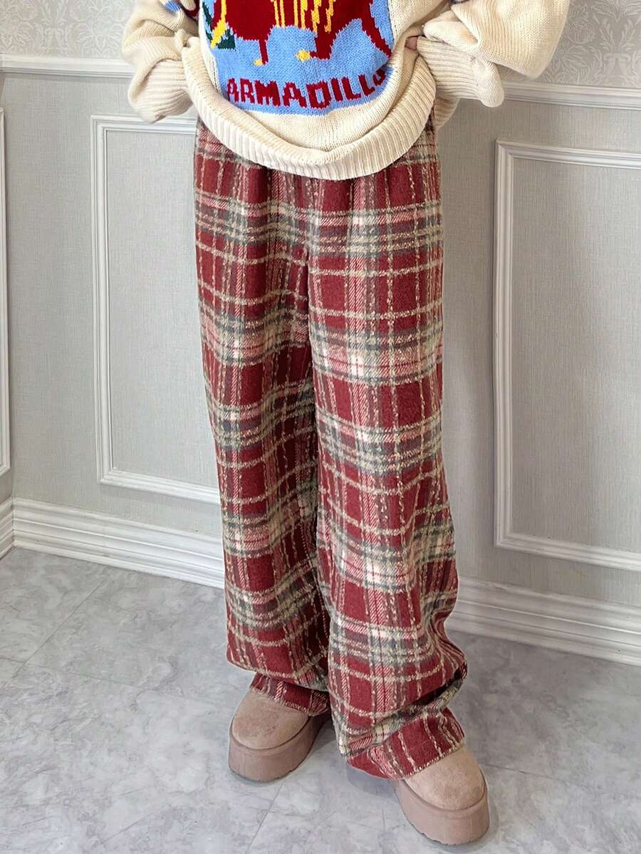 FRIFUL Pantalones rectos de cintura elástica a cuadros rojos para mujer, pantalones casuales sueltos y versátiles, para otoño/invierno, Año Nuevo, Navidad - Rojo - Ver 1
