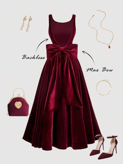 SHEIN MOD Women's Bowknot Backless Fitted Burgundy Velvet Dress,Fall / Winter, Autumn Clothes For Women,Thanksgiving,New Year Dress, Party,Wedding,Wedding Guest Party Dress ,Elegant Dresses For Ladies,Max Bow Dress,Chic Autumn,Fall New Style Women, Velvet Dresses