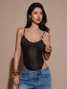 SHEIN BAE 黑色透明网眼拼布不对称紧身衣，适合圣诞节、万圣节、亡灵节，女士 - 黑色 - 查看 6