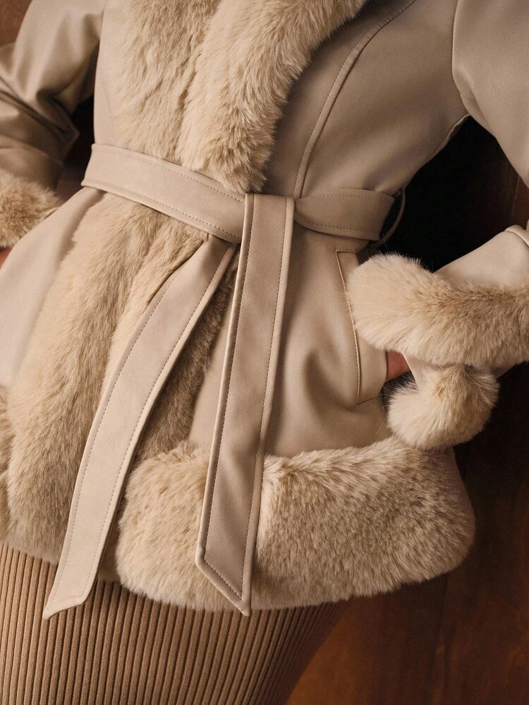 PU LEATHER CONTRAST FAUX FUR TRIM BELTED COAT