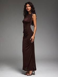 Hauture 女式性感夜场金色水滴形装饰褶饰紧身光泽长裙 - 黑色 - 查看 4