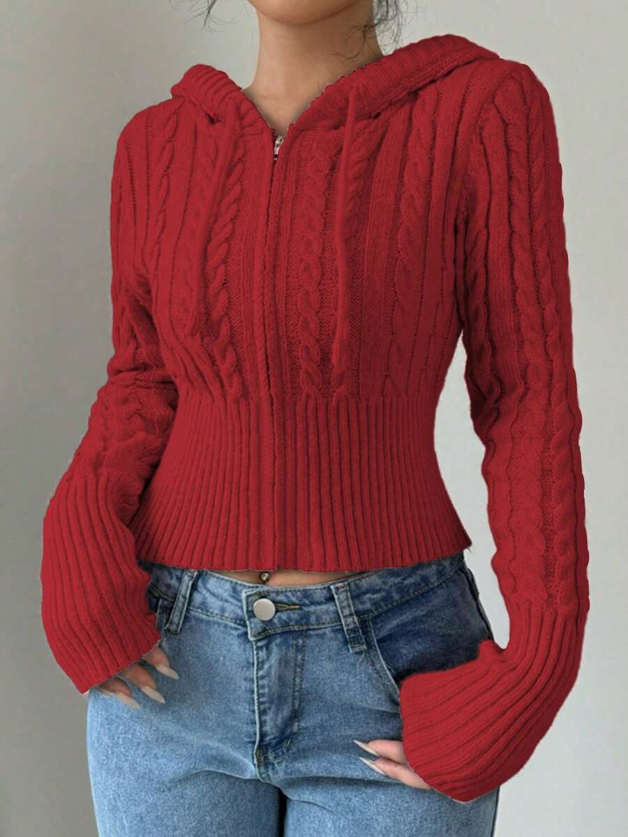 Flirla Women's Casual Solid Color Hooded Cardigan, Versatile For Autumn/Winter - Red - View 1