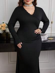 Modelyn Plus Size Elegant Solid Color Mermaid Dress For Party - Black - View 1