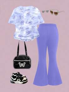 SHEIN Leap Crew 2 件套可爱卡通蓝色兔子露露、史迪奇图案和清新海洋紫色扎染少女休闲宽松圆领短袖 T 恤和喇叭裤套装，夏季外出服装，轻松舒适，儿童秋季分层装，时尚儿童，休闲装，儿童图案服装，返校，秋装，返校节