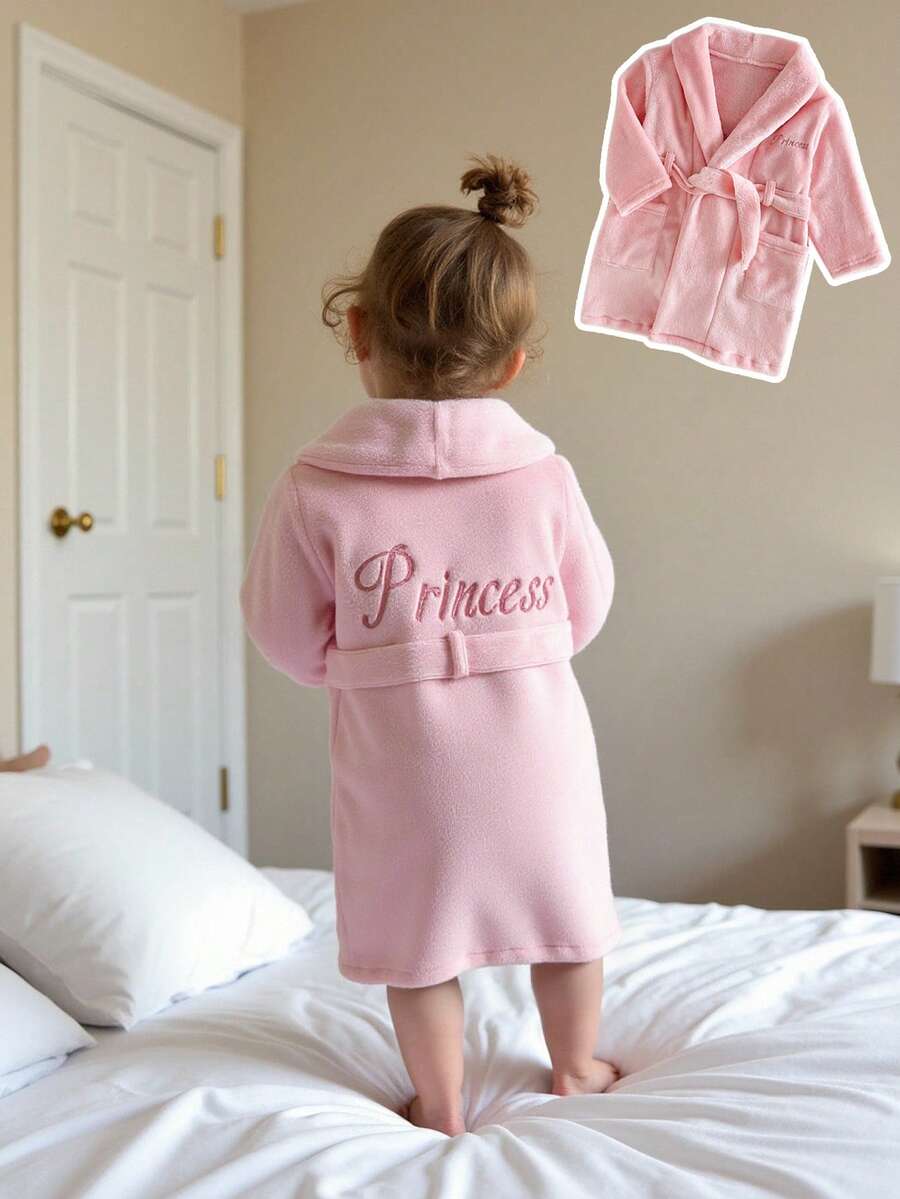 SHEIN Baby Girls' Flannel Robe, Autumn/Winter Fleece Sleepwear, Girls' Casual Minimalist Homewear, Pink Long Sleeve Long Robe With Embroidered Front, Back, Hem Pockets, Tie Waist, Comfortable Loungewear