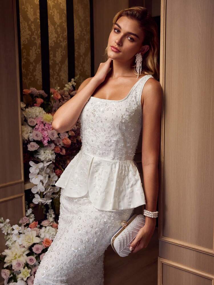 MOTF Soiréza スパンコール刺繍フローラルパッチワーク サテン ペタル型 高級エレガントバンケット イブニングパーティードレス マキシ丈ガウン