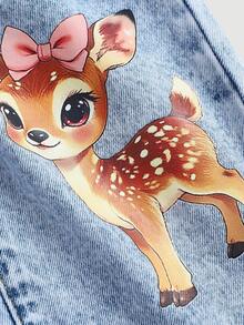 SHEIN Quần jean ống rộng màu xanh dương họa tiết hươu hoạt hình dễ thương cho bé gái, thích hợp cho mùa thu, mùa đông, phong cách thường ngày và thời trang cho kỳ nghỉ, kiểu dáng thập niên 2000, quần jean Halloween, Giáng sinh, họa tiết nơ. - Rửa nhẹ - Xem 4