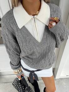 Livesso Maglione oversize da donna casual e business, con blocchi di colore e texture a patchwork, adatto per l'autunno e l'inverno - Grigio - Visualizzare 6