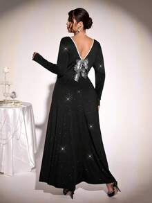 Firerie 加大码优雅派对/约会晚礼服，V 领，亮片蝴蝶结装饰，闪光面料，喇叭形下摆，有弹性，修身，长袖，秋冬 - 黑色 - 查看 5