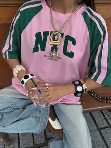 Muchica Women's Casual Letter Print Round Neck Raglan Sleeve T-Shirt - Multicolor - View 4